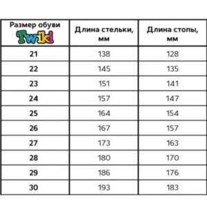 размерная сетка обуви Твики